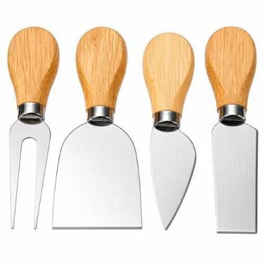 Imagem de Kit Para Queijo e Petisco 4 Peças em Aço Inox e Madeira - generico