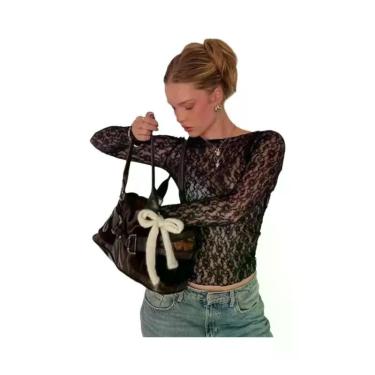 Imagem de Camiseta Cropped De Renda Transparente De Manga Longa Para Mulheres, S