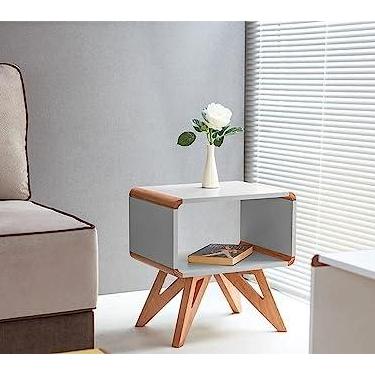 Imagem de Mesa de Canto Lateral para Sala Baori Oppa Design - Cinza Claro e Jatobá