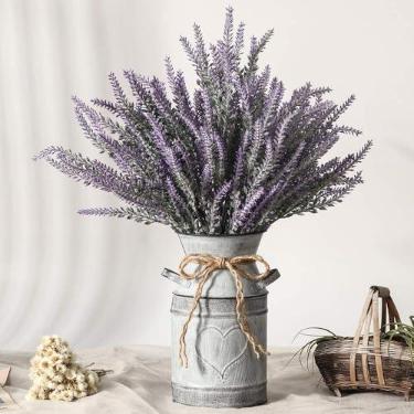 Imagem de Flores de lavanda artificial com vaso, planta de lavanda artificial em vaso de metal para balcão de cozinha, decoração rústica de casa de fazenda (coração, roxo)