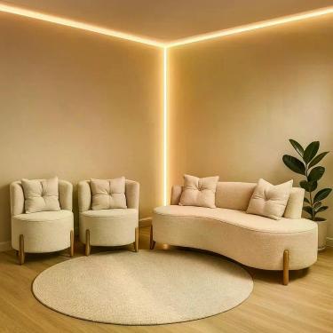 Imagem de Conjunto 2 Poltronas + Sofá Curvo Orgânico Luna Boucle Off White Pés d