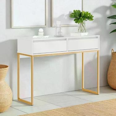 Imagem de Aparador Buffet Rio 2 Gavetas Para Sala 90 Cm Branco Dourado