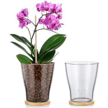 Imagem de Baderke Vaso interno de vidro com base de bambu, vaso de vidro, controle de nível de água, semihidropônico, transparente, visibilidade da raiz, terrário para uso geral, escritório, casa, amantes de