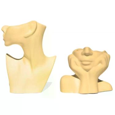 Imagem de Vaso Decorativo 2 Peças Perfil E Mão No Rosto Em Cimento Artesanal Amarelo