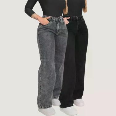 Imagem de Kit 2 Calças Jeans Wide Leg Feminina Grafite Cintura Alta - Otter Kids