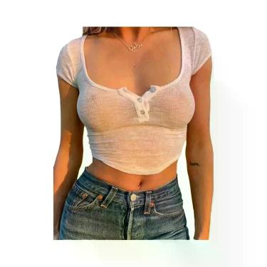 Imagem de Blusa Cropped Feminina Branca Transparente Com Decote V, Moda Verão St