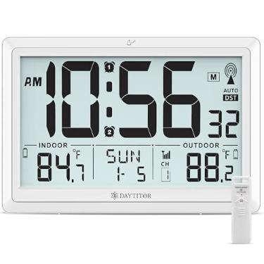 Imagem de DAYTITOR Relógio atômico com temperatura interna/externa, relógio digital automático operado por bateria, relógios de parede grande de 26,7 cm ou relógios de mesa para quarto, cozinha, sala de estar
