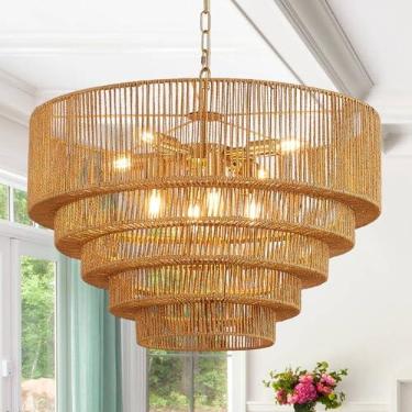 Imagem de YOMECOO Lustre grande de vime Boho de 65 cm, lustres de vime tecidos à mão vintage de 8 luzes, luminária pendente de tambor rústico de 5 níveis para sala de jantar, cozinha, ilha, sala de estar, E12
