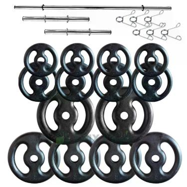 Imagem de Kit com 60 Kg de Anilhas Ferro Fundido + Barras de Supino e Halteres -