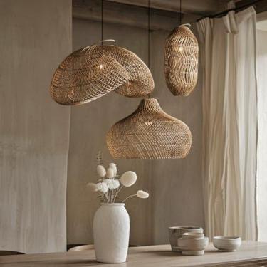Imagem de SEEAIRSHOP Luz pendente de vime marrom escuro litoral grande pingente de tecido luz pendurada cesta natural lustre fazenda bambu iluminação pendente para cozinha ilha sala de jantar - 49,5 cm