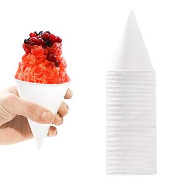 Imagem de Copos de papel ecológicos à prova de vazamento de 170 g pacote com 100. Copo de cone de neve perfeito para festas ou casamentos infantis. Ótimo copo de papel para refrigerador de água de escritório ou