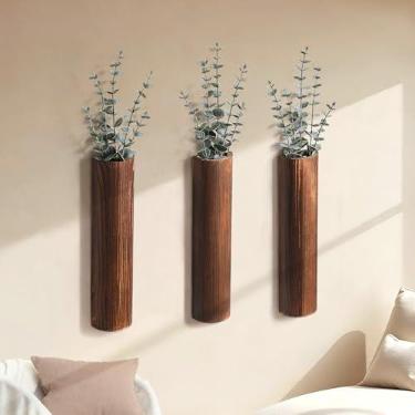Imagem de Fttoyoly Pacote com 3 vasos de parede de madeira com eucalipto artificial, decoração de parede moderna para sala de estar, quarto, banheiro, entrada, vasos de parede boho para flores secas e plantas