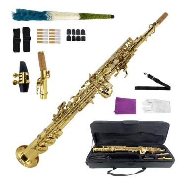 Imagem de ModouString Saxofone soprano reto Bb B Sax plano com estojo, bocal, palhetas e acessórios instrumento de sopro de madeira de latão para iniciantes, adultos e jogadores avançados