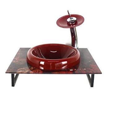Imagem de GABINETE DE VIDRO PARA BANHEIRO 50CM COM BANCADA MARMORIZADA MARMORE AVERMELHADO MAIS TORNEIRA CASCATA
