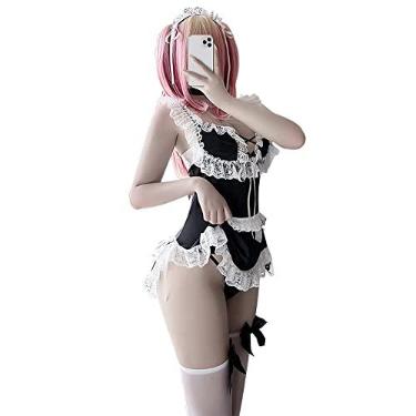 Imagem de Temptshow Conjunto de lingerie feminina japonesa anime cosplay renda sexy empregada francesa, Preto, One Size