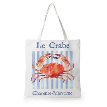 Imagem de Yhtrg Sacola de caranguejo listrada azul de praia costeira, bolsa de lona náutica com ombro de peixe do oceano costeiro para mulheres, presentes de praia para mulheres, sacolas de compras de