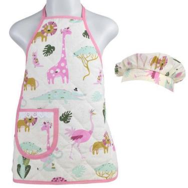 Imagem de Kit Avental Infantil Com Chapéu De Cozinheiro 2Pçs Safari Rosa - Recan