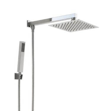 Imagem de Chuveiro Slim Quadrado 20x20 Prata Cromado Inox 304 + Duchinha de Mão