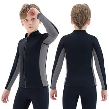 Imagem de REALON Jaqueta infantil de neoprene com zíper frontal de manga comprida para natação, surfe, mergulho, snorkeling, esportes aquáticos