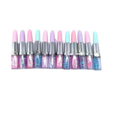 Imagem de kit 12 canetas preta Esferográfica feminina formato batom luxo glitter