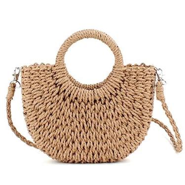 Imagem de QTKJ Mini bolsa de palha de vime semicírculo, bolsa de ombro feminina retrô de verão tecida à mão bolsa de ombro bolsa de viagem para praia, Caqui, 6.29''x 9.84''