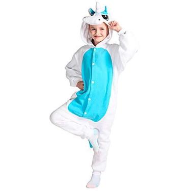 Imagem de Fantasia Pijama Macacão de Unicórnio Kigurumi Infantil Branco e Azul Com Capuz P 3-4