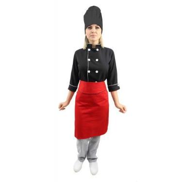 Imagem de Kit chef cozinha feminino Dolmã manga 3/4 + Avental vermelho + Chapéu 