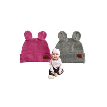 Imagem de Kit 2 Touca Para Bebê Infantil - 100% Algodão Cor Rosa e Cinza - Vanet