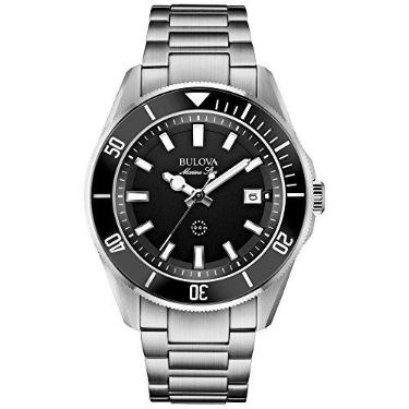 Imagem de Bulova Relógio masculino Marine Star 'Series B' de aço inoxidável com 3 ponteiros com calendário de quartzo, mostrador preto Estilo: 98B203, Tom de prata, Standard, Pulseira de aço inoxidável prateada