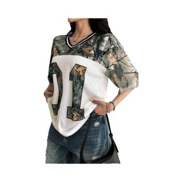 Imagem de Camiseta Feminina Camuflada De Verão Com Decote Em V, Secagem Rápida, 