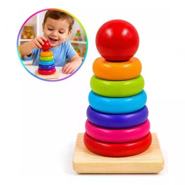 Imagem de Brinquedo Educativo Torre 8 Encaixes Empilhar Estimula Coordenação Motora com 8 Peças Coloridas