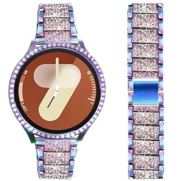 Imagem de DEALELE Pulseiras e capa compatíveis com Samsung Galaxy Watch 8 de 40 mm, pulseira fina de metal de strass com diamante, capa protetora de substituição para mulheres e homens (40 mm, arco-íris)