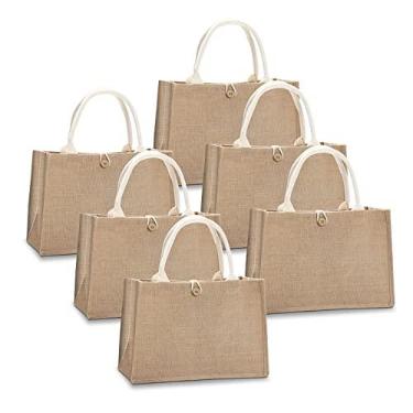 Imagem de YACEYACE Sacolas de juta para praia, 37 x 17 x 26 cm, conjunto de 6 bolsas de estopa com fecho de botão para praia, faça você mesmo, compras, HTV, damas de honra, bolsas de boas-vindas de casamento