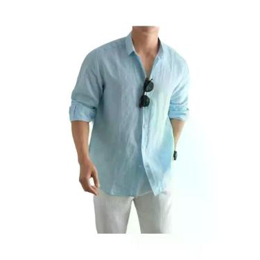 Imagem de Camisa Casual Masculina plus Size Em Linho E Algodão, Manga Longa, Pre