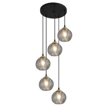 Imagem de Luminária pendente redonda de vidro, lustre de fazenda com 5 lâmpadas, luminária pendente preta para cozinha, luminária pendente de vidro fumê, lustre moderno de meados do século com globo.