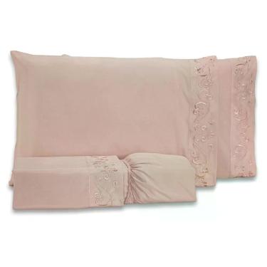 Imagem de Jogo De Cama Lençol Queen Blossom Bordado Floral Percal 300 Fios Com Fronhas 04 Peças - Toque Acetinado Cor Rosê