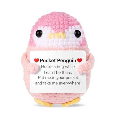 Imagem de Boneca de pinguim positiva engraçada, 6 cm de bolso fofo abraço de pinguim de crochê com cartão, suporte emocional, incentivo inspirador, batata para família, amigo, casa, decoração de presente (rosa)