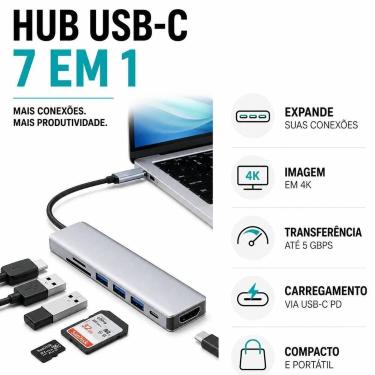 Imagem de Hub USB-C com HDMI 4K 3 Portas USB 3.0 e Leitor SD - Adaptador USB-C H