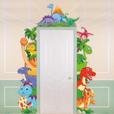 Imagem de Namalu 3 peças de banners de alpendre de aniversário de dinossauro, decorações de porta com tema de dinossauro, placa de varanda de dinossauro para safári na selva, adereços de cabine de fotos, porta