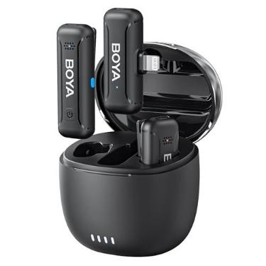 Imagem de Microfone de lapela sem fio BOYA para iPhone iPad, bateria de 10 horas, cancelamento de ruído, alcance de 328 pés, mini clipe de lapela para gravação de vídeo, transmissão ao vivo, podcast, vlog