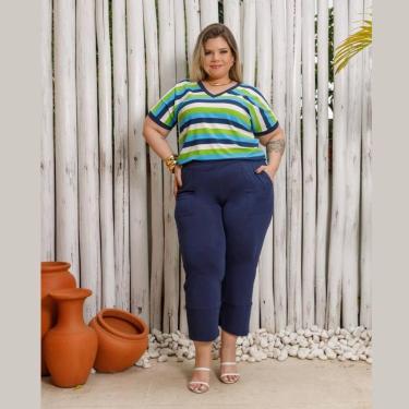 Imagem de Conjunto Verão Blusa Listrada Manga Curta e Calça Capri Plus Size - Ro