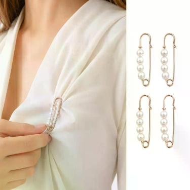 Imagem de Kit 4 Alfinetes Dourados com Pérolas para Customizar Ajustar Roupas Fe