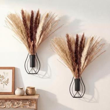 Imagem de Otoolling Conjunto de 2 decoração de parede Boho – Arte de parede suspensa de metal com pampas falsos ou eucalipto, detalhe boêmio minimalista para sala de estar, quarto, entrada (preto, pampas)