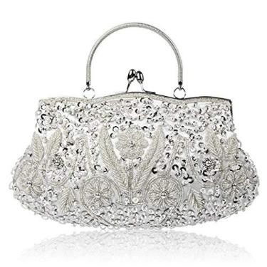 Imagem de Vistatroy Bolsa de noite de designer floral com contas design de lantejoulas vintage com fechadura de beijo de cetim bolsa clutch para festa de casamento, prata, tamanho único