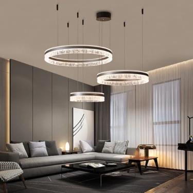 Imagem de Lustre LED para sala de estar, luminária pendente grande e moderna, dimerizável com controle remoto, luminária de teto criativa para mesa de jantar, luminária redonda de alumínio marrom com