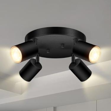 Imagem de Teto de 4 luminárias de trilho de luz, holofote direcional redondo preto fosco, luminária de trilho de montagem embutida GU10, luzes de LED modernas ajustáveis para cozinha/sala de estar, lâmpada não