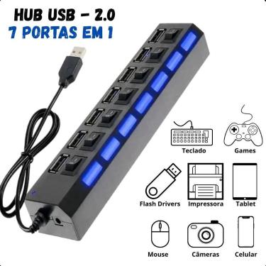 Imagem de Hub USB 2.0 com 7 Portas e LED  Conecte Seus Dispositivos com Eficiênc