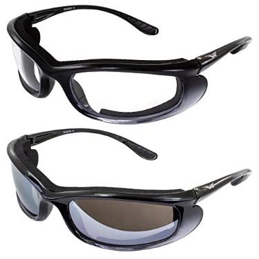 Imagem de Global Vision Óculos de sol para motocicleta acolchoados com espuma sombreada, policarbonato inquebrável, 2 pares de lentes espelhadas transparentes e flash com armações em dois tons preto e prata