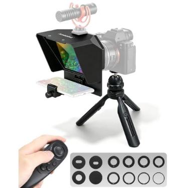 Imagem de AMBITFUL Teleprompter de 19 cm com tripé de mesa para smartphone e câmera DSLR, clipe ajustável para telefone e anel de adaptação de câmera, para transmissão ao vivo, entrevistas (apenas mini