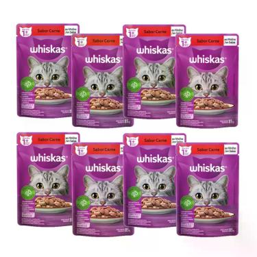 Imagem de Ração Úmida Whiskas Adulto Carne ao Molho 85g c/ 8 pacotes para gato
